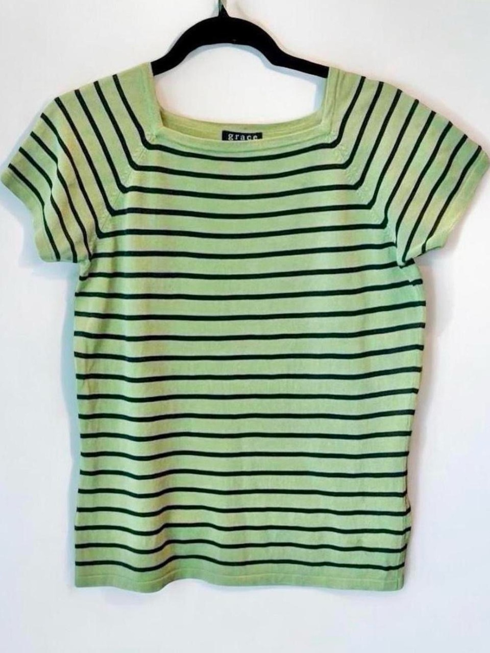 Silk Blend Stripe Mint & Navy Knit Square Neck Short Sleeve Top M GraceDaneLewis